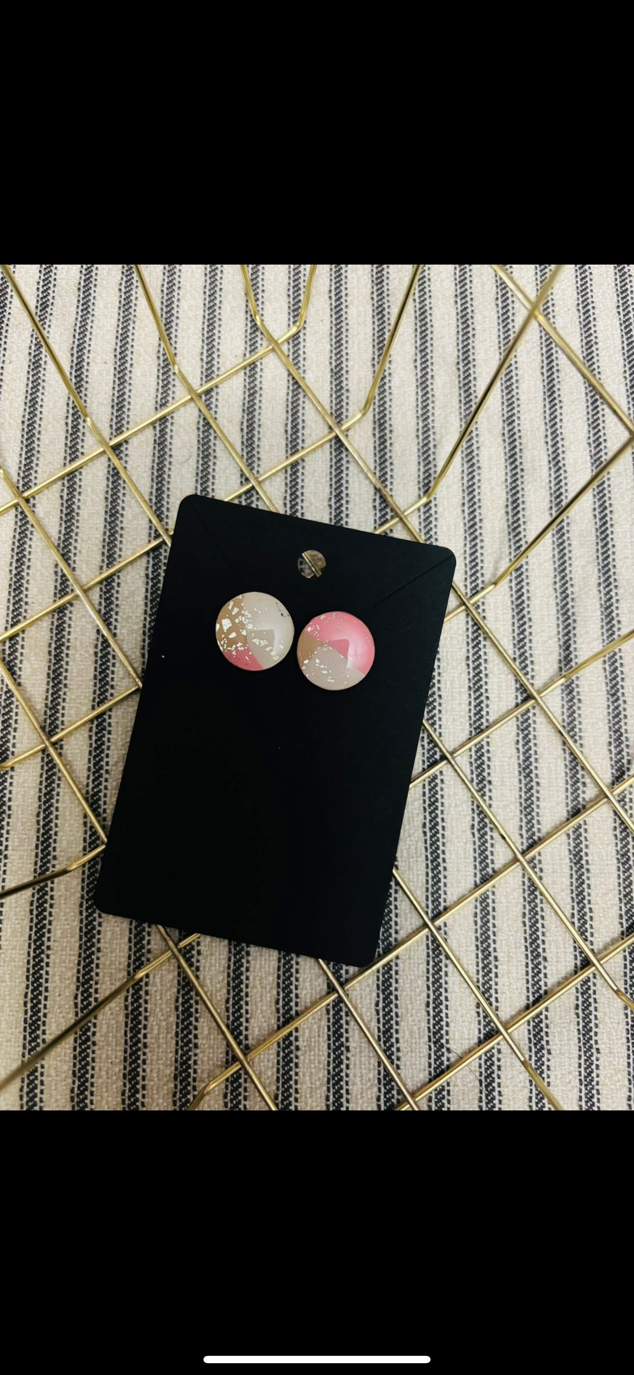 🌸 Pink & Taupe Silver Stud Earrings with Silver Leaf Accents