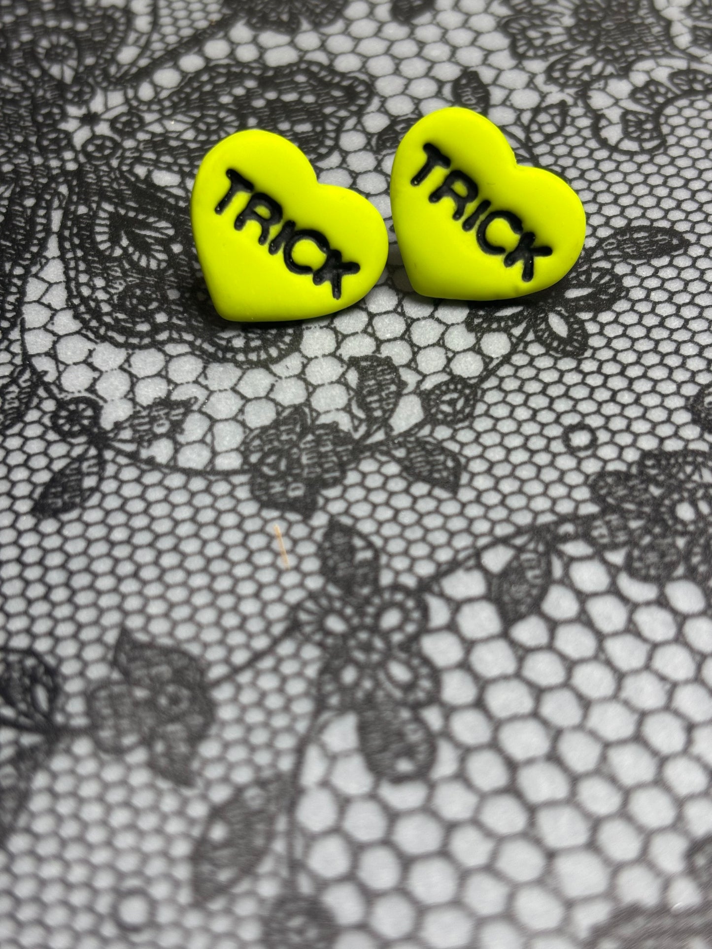 "Trick" Lime green Heart Earrings