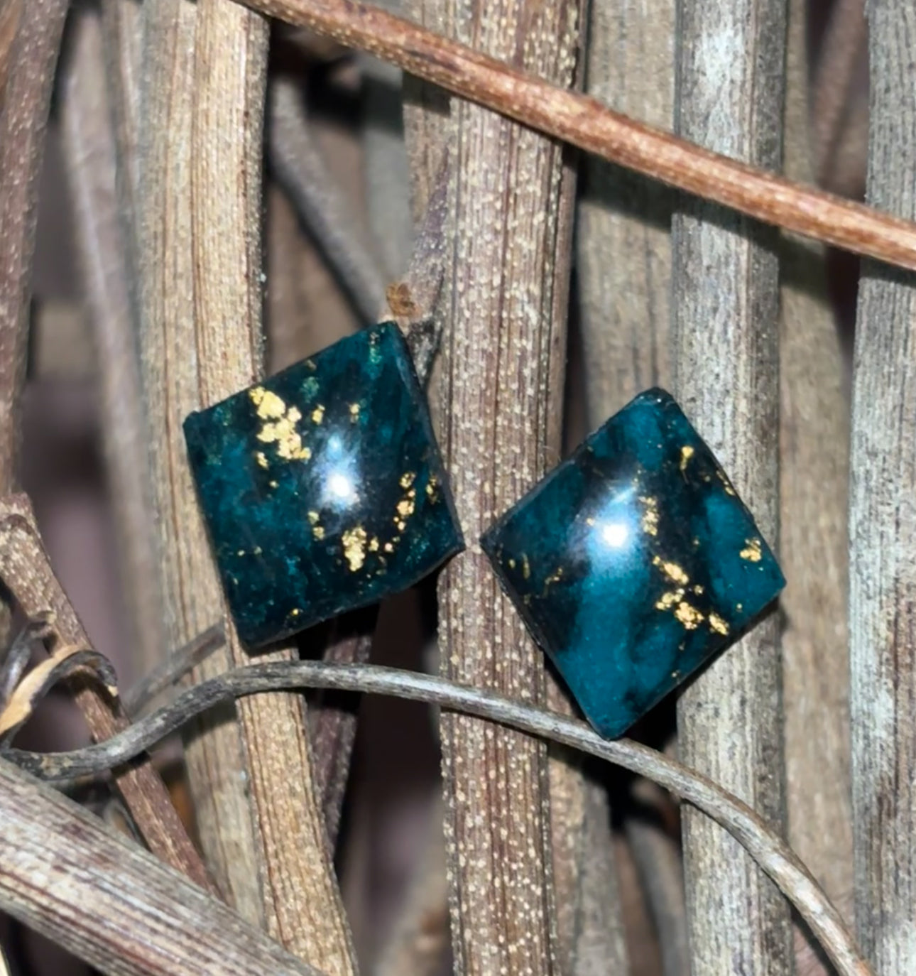 🌌 Deep Teal & Gold Flake Silver Stud Earrings
