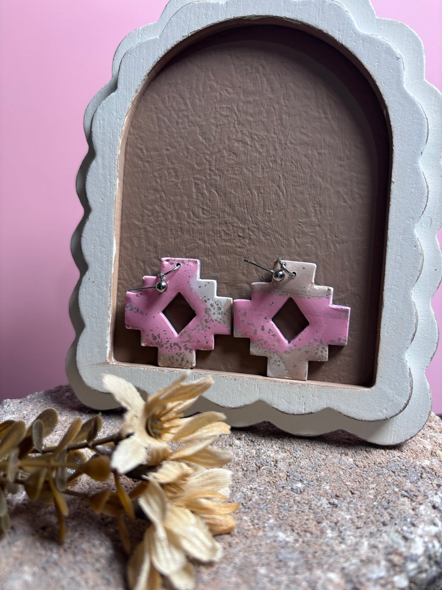 Aztec pink,white, brown dangles