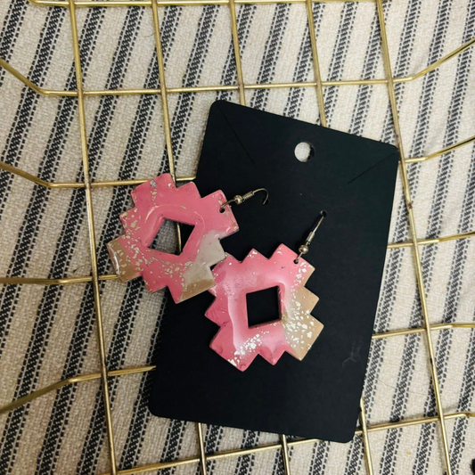 🌸 Pink & Taupe Geometric Silver Dangle Earrings with Silver Leaf Accents