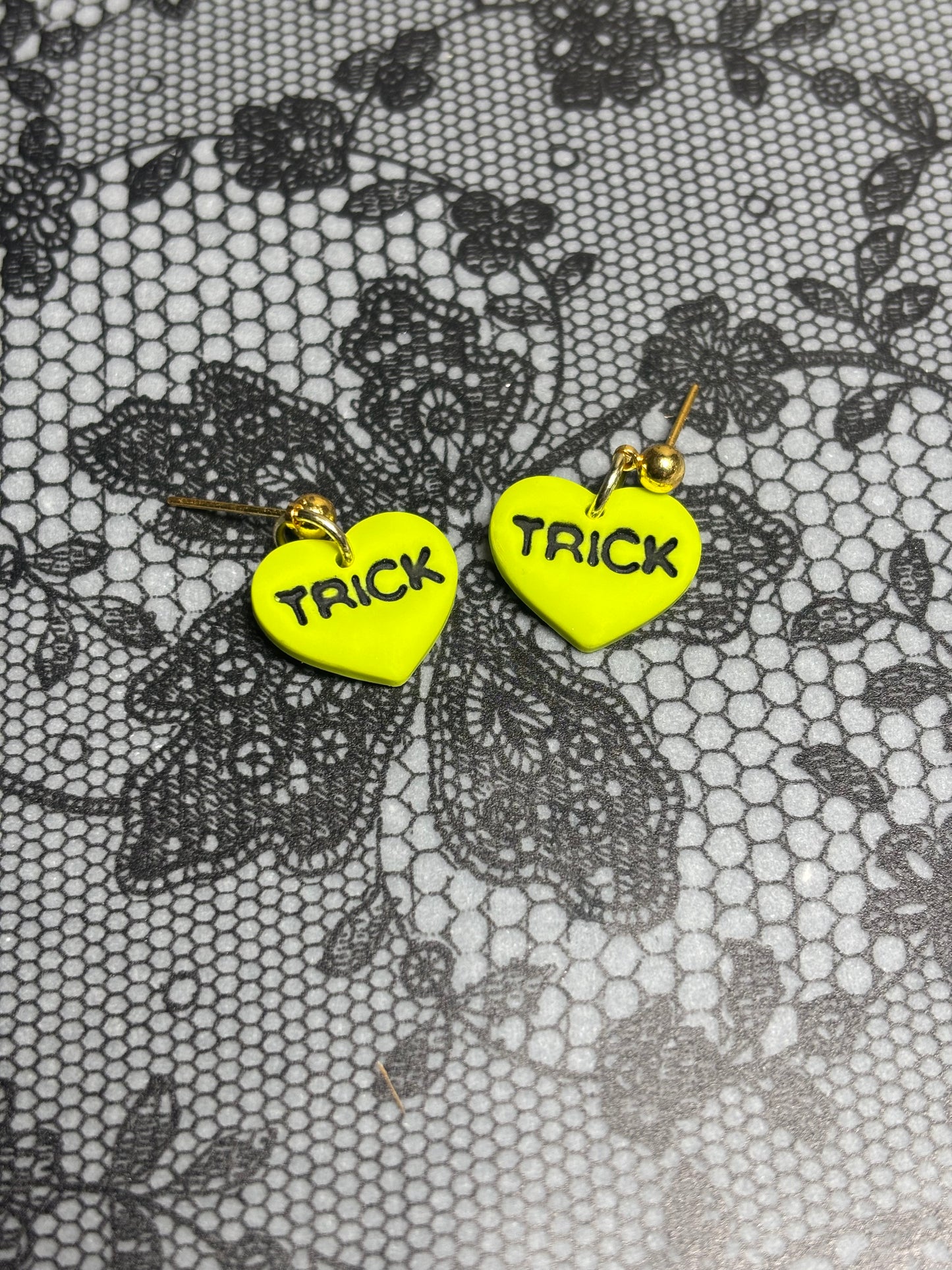 "Trick" Lime green Heart Earrings