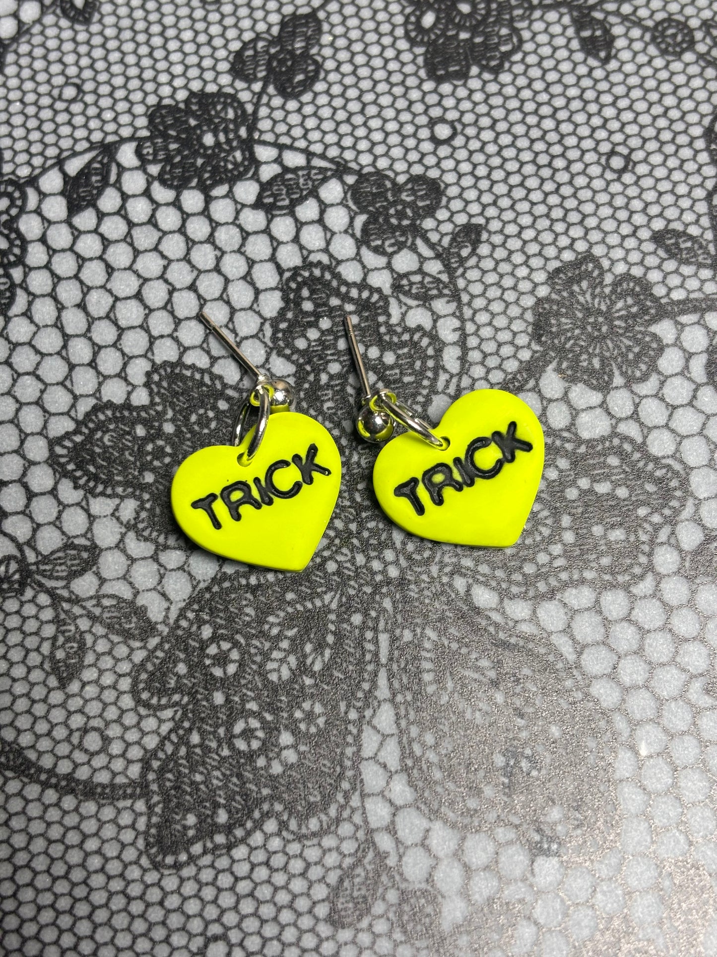 "Trick" Lime green Heart Earrings