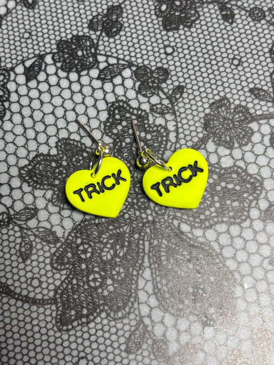 "Trick" Lime green Heart Earrings