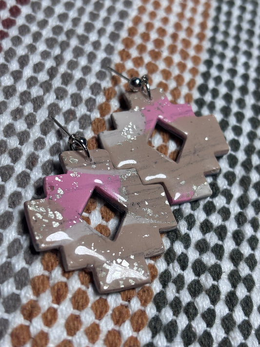 🌸 Pink & Taupe Geometric Silver Dangle Earrings with Silver Leaf Accents