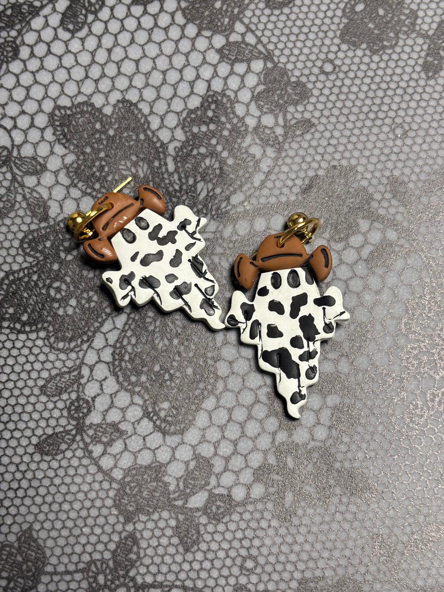 Cow Print Ghost Cowboy Earrings 👻🐮