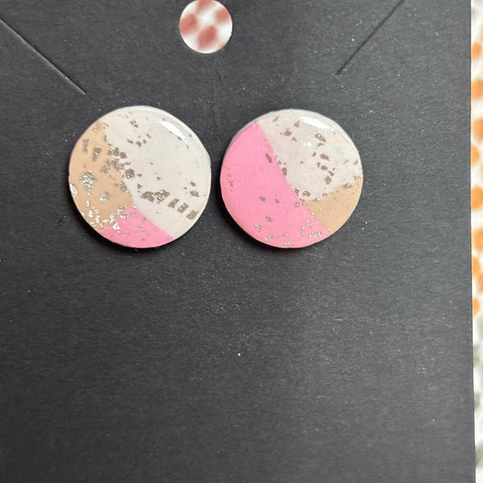🌸 Pink & Taupe Silver Stud Earrings with Silver Leaf Accents